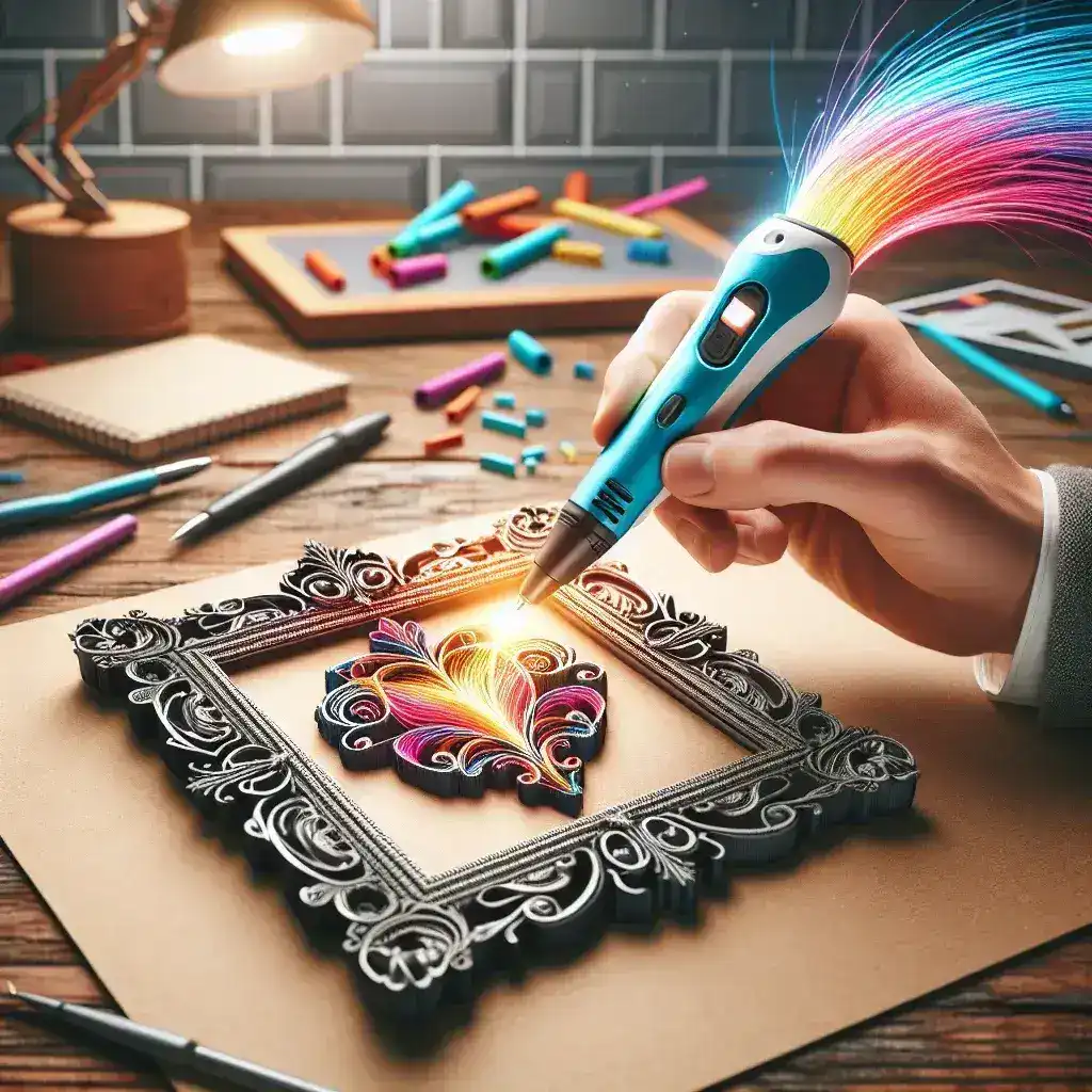 A hand using a 3D pen to create a colorful design on a decorative frame.